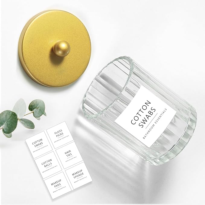 Amolliar Qtip Holder Dispenser for Bathroom, Clear Glass Canister Apothecary Jar for Cotton Swabs, Cotton Balls, Makeup Pads, Floss Picks, Container for Countertop Vanity Storage Organizer,Gold 2 Pack