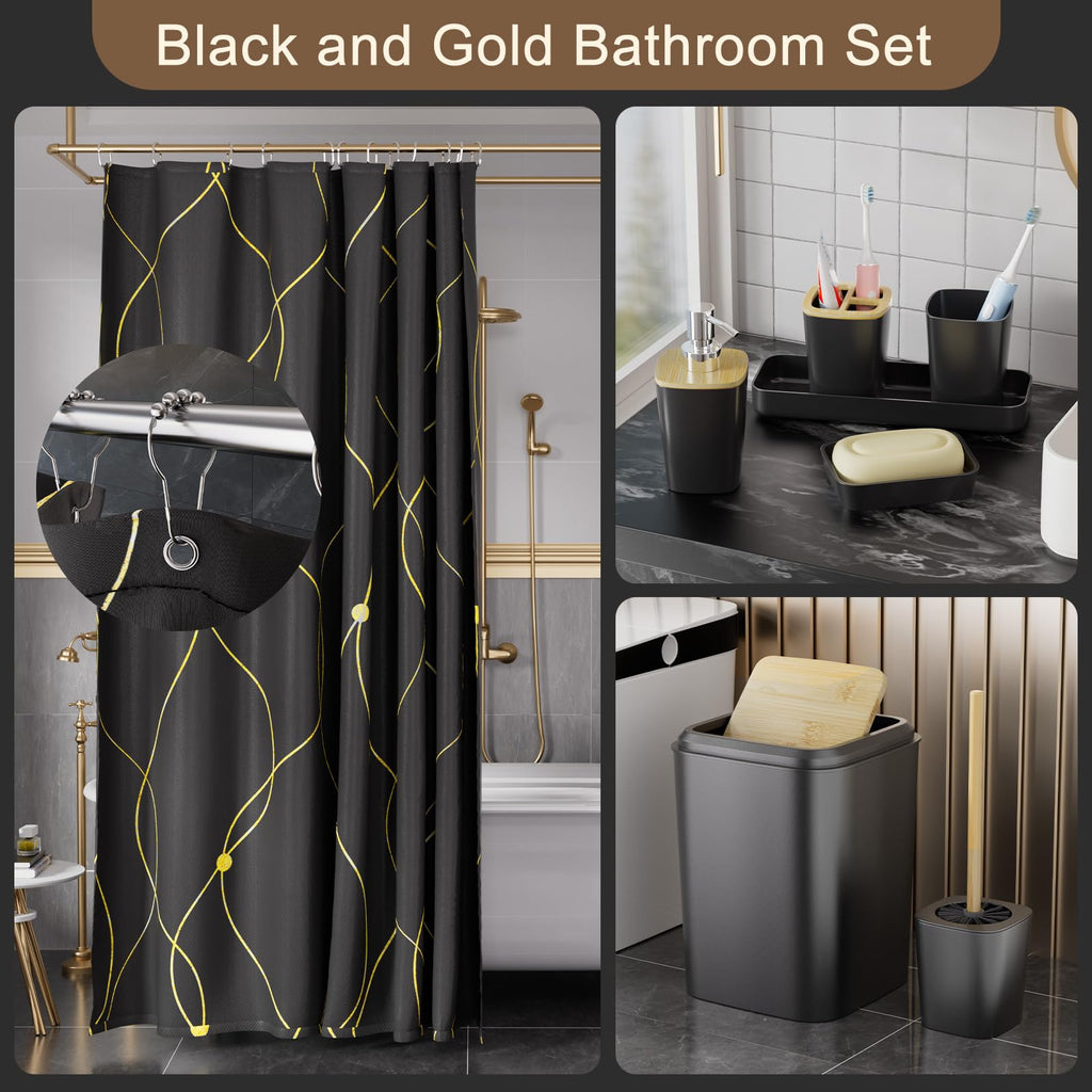 XLHOMO Black and Gold Bathroom Accessories Set - 24PCS with Shower Curtain, Rugs, and Waterproof Curtain Set