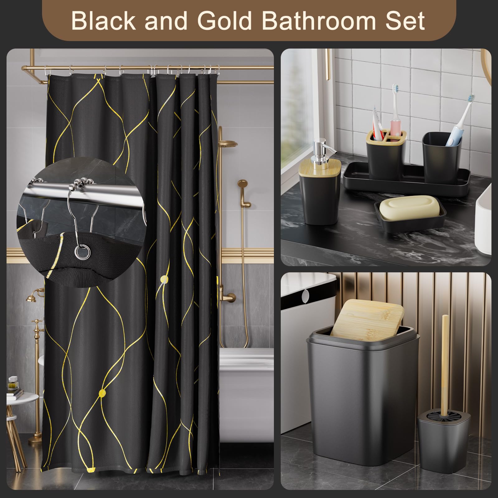 XLHOMO Black and Gold Bathroom Accessories Set - 24PCS with Shower Curtain, Rugs, and Waterproof Curtain Set