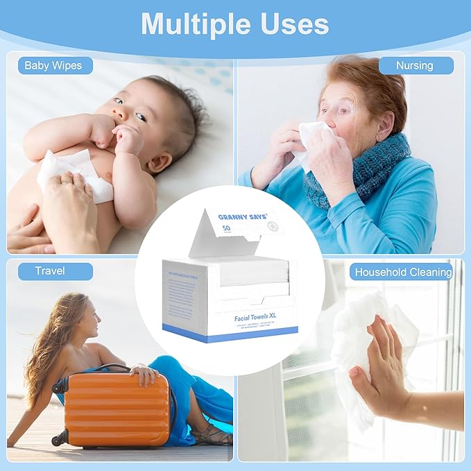 GRANNY SAYS Disposable Face Towel, 100 Counts/2 Boxes, Biobased Face Towelettes Disposable, Extra Thick Soft Clean Towels, Clean Skin Towels for Remove Makeup, Facial Cleansing, 10"×12"