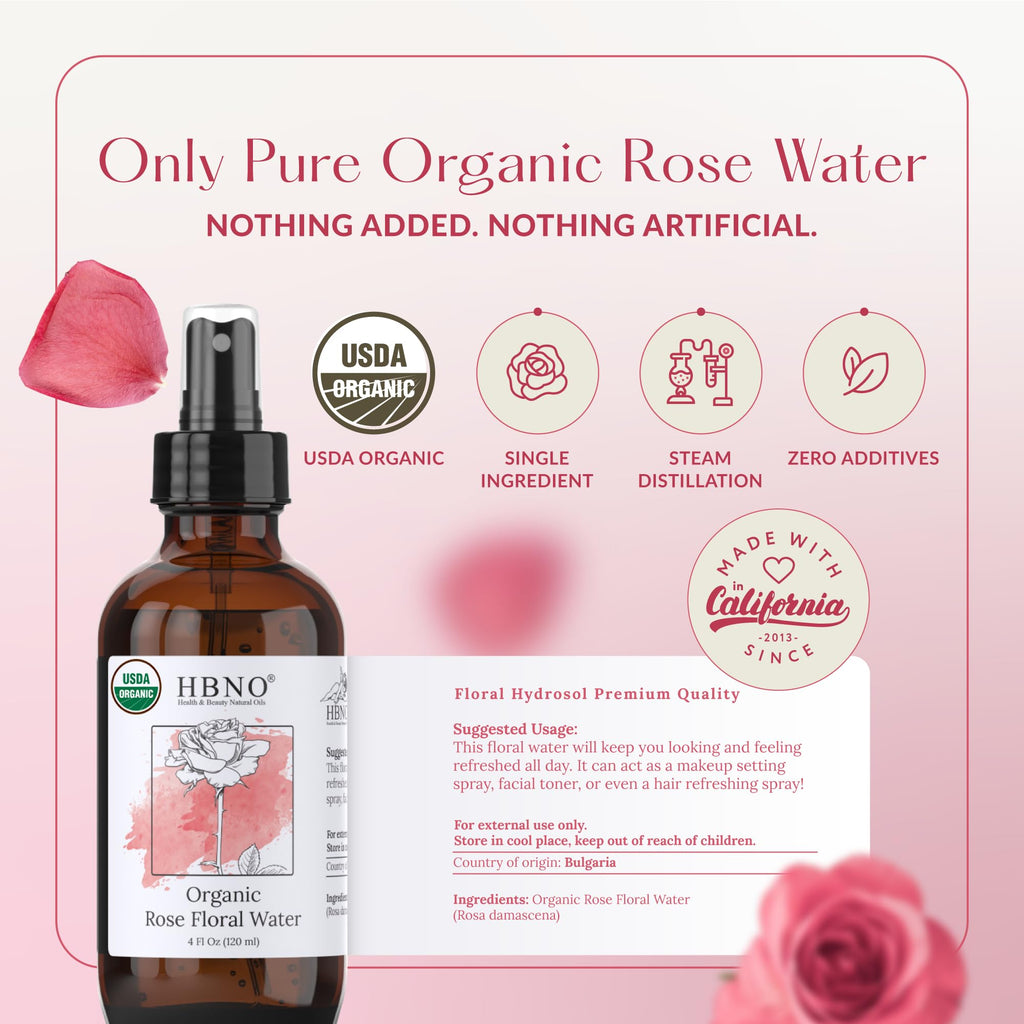 HBNO California Bottled Organic Rose Water for Face 4 fl oz (120ml) - USDA Certified Organic Rose Water Spray for Cleansing- Pure Rosewater for Hair - Rosewater Face Mist