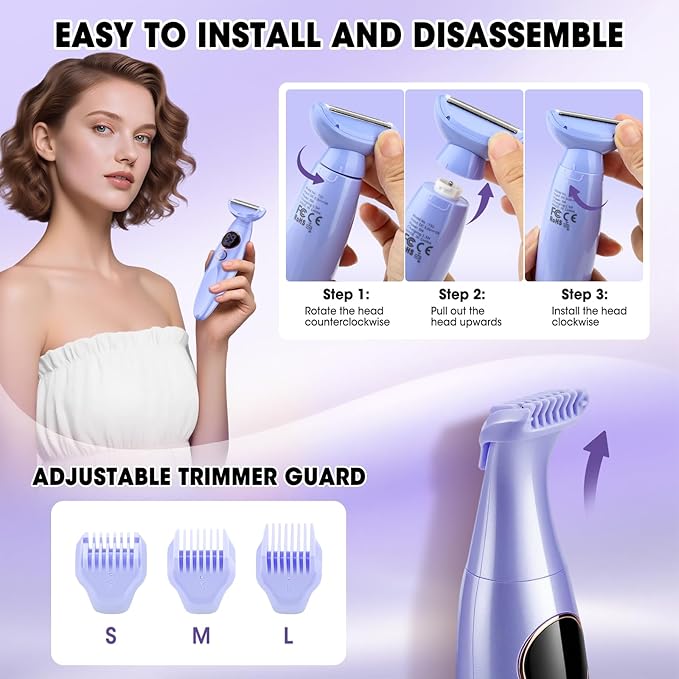 5 in 1 Bikini Trimmer for Women,IPX7 Waterproof Cordless Replaceable Pubic,Eyebrow,Facial Electric Razors&Nose Hair Trimmer&Painless Body Shaver for Arms Legs Underarms,USB Charge,LED Display,Wet&Dry