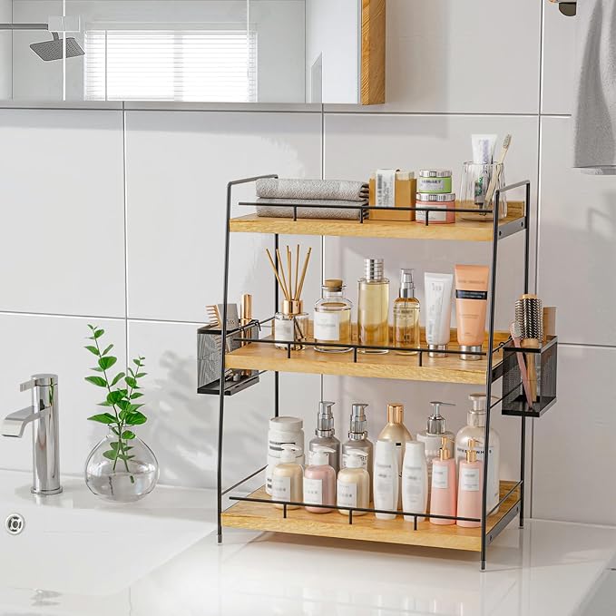 BSTSLL 3 Tier Bathroom Counter Organizer with Side Baskets, Wood Countertop Vanity Shelf,Sturdy Metal Frame fits Tall Bottles