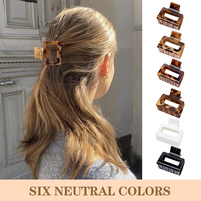 Auseibeely 6 Pcs 2 Inch Small Claw Clip for Women & Girls, Medium Tortoise Shell Square Hair Clips, Rectangle Non-Slip Tortoiseshell Jaw Clips for Half Up Half Down Thin Medium Short Hair