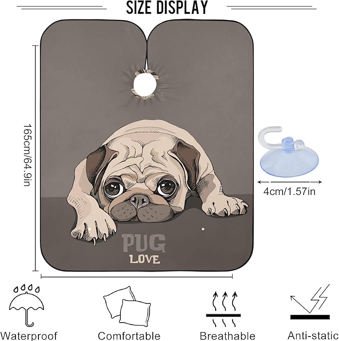 visesunny Barber Cape Pug Puppy Cartoon Animal Polyester Hair Cutting Salon Cape Apron Anti-Static Haircut Shaving Cloth Beard Shaving Bib Hairdressing Cape