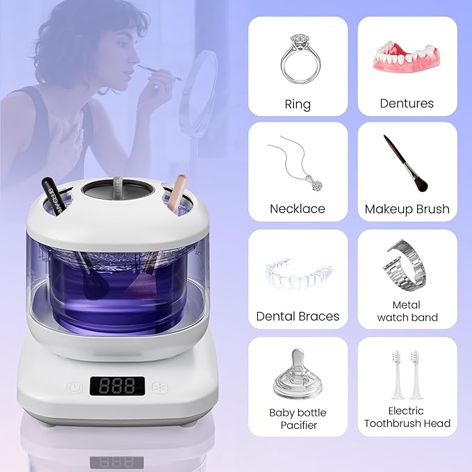 Ultrasonic Makeup Brush Cleaner Electric Machine with U-V, Automatic Cosmetic Brushs Washer Portable Deep Cleaning for Beauty Makeup Brush Set, Blush Brush, 4 Modes with Visible Window Digital Timer