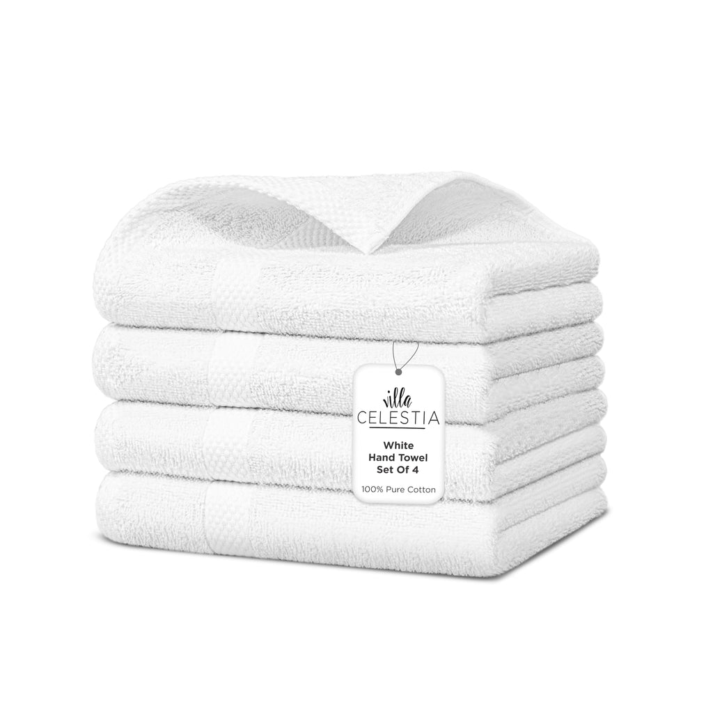 Villa Celestia Cotton Hand Towels Set of 4, 16 x 28, Oeko-TEX Certified, Quick Dry, White