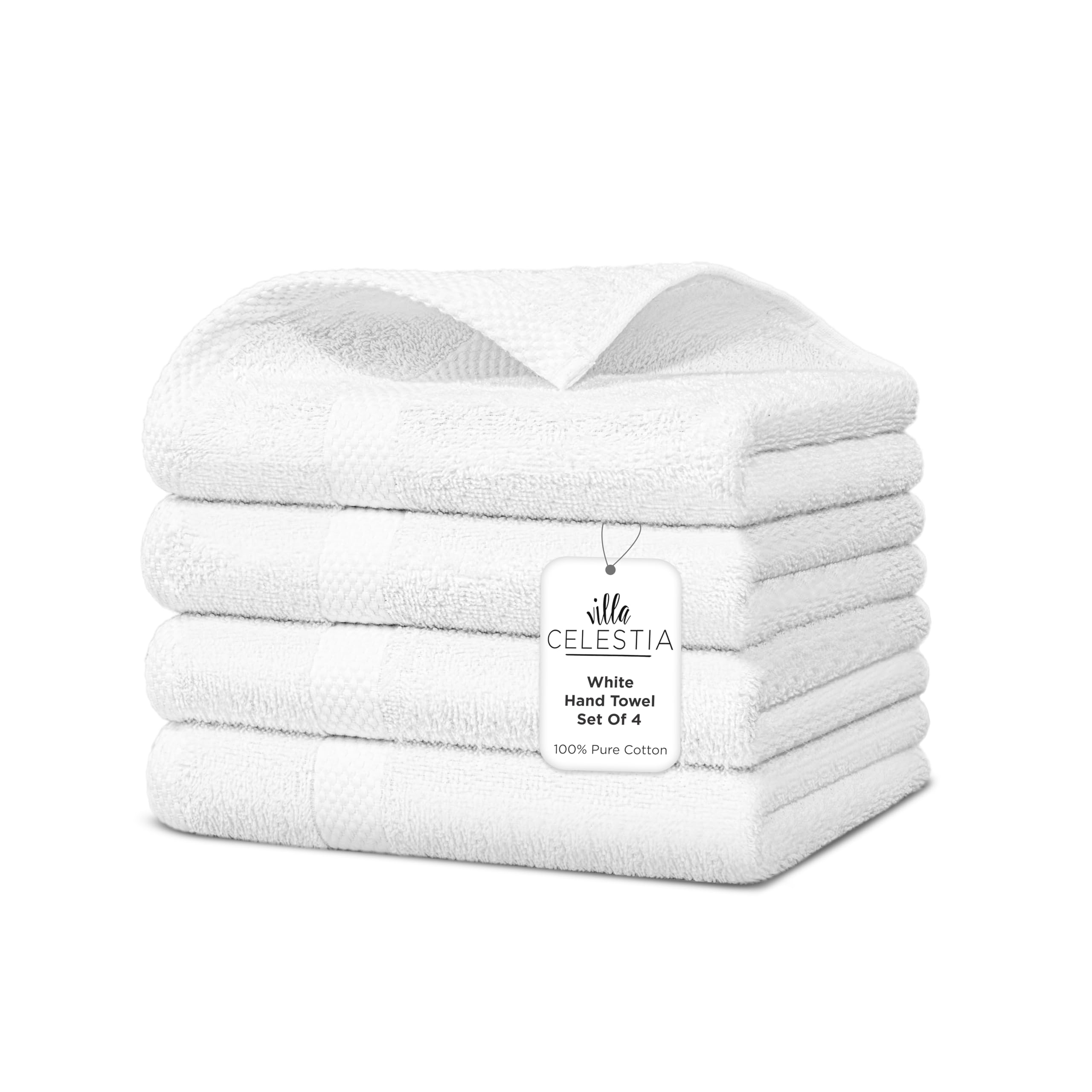 Villa Celestia Cotton Hand Towels Set of 4, 16 x 28, Oeko-TEX Certified, Quick Dry, White