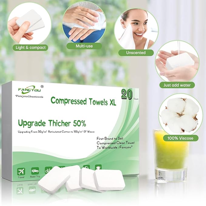 Compressed Towel Tablets Thicken, 50 Pack Disposable Face Towel Quickly Expand with Water, Reusable Compact Washcloths 12"x9", Cotton Soft & Lint-Free Portable for Home Travel Beauty Guest