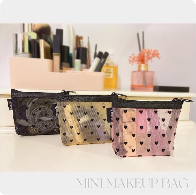 TRAKWAN Mini Mesh Heart Makeup Bag Set, Mesh Cosmetic Bags with Zipper, Makeup Lipstick Cosmetic Accessories Organizer Bag, Mesh Pouch for Travel (Multicolor-6pcs)