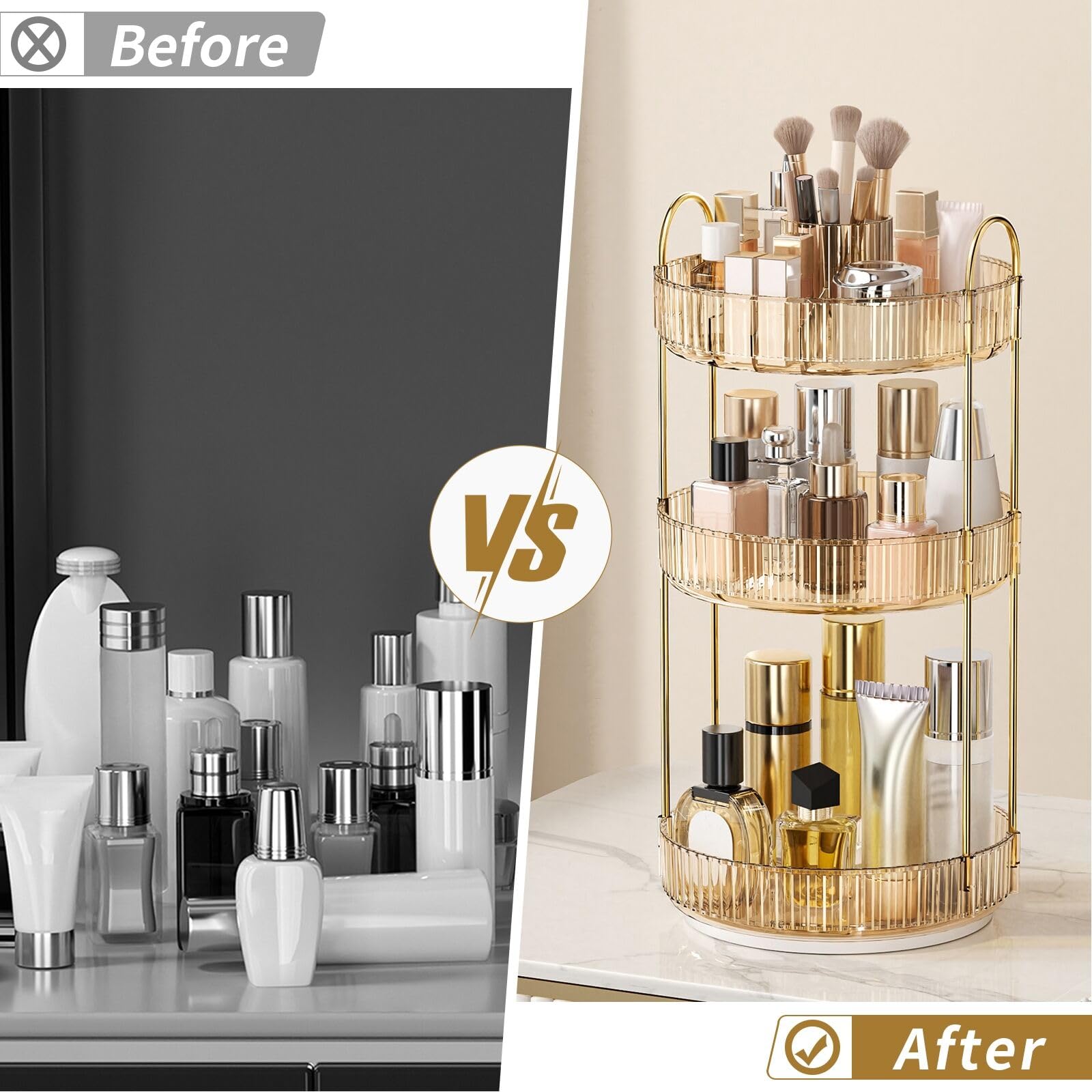 360° Rotating Makeup Organizer, Large-Capacity Skincare Make Up Storage 3 Tier Perfume Organizers Cosmetic Dresser Organizer with Makeup Brush Holder, Fits Bedroom, Bathroom, Vanity Shelf Countertop
