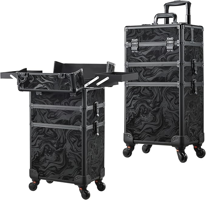 FRENESSA 3 in 1 Rolling Makeup Case Cosmetology Case on Wheel Vintage Black