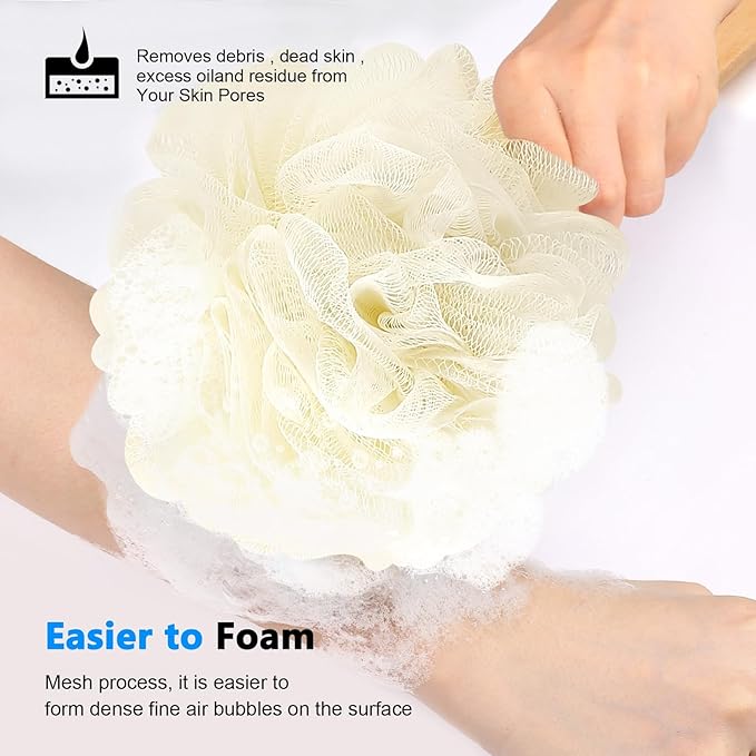 FORENEE White Loofah on a Stick, PE Mesh Back Scrubber with Wood Handle