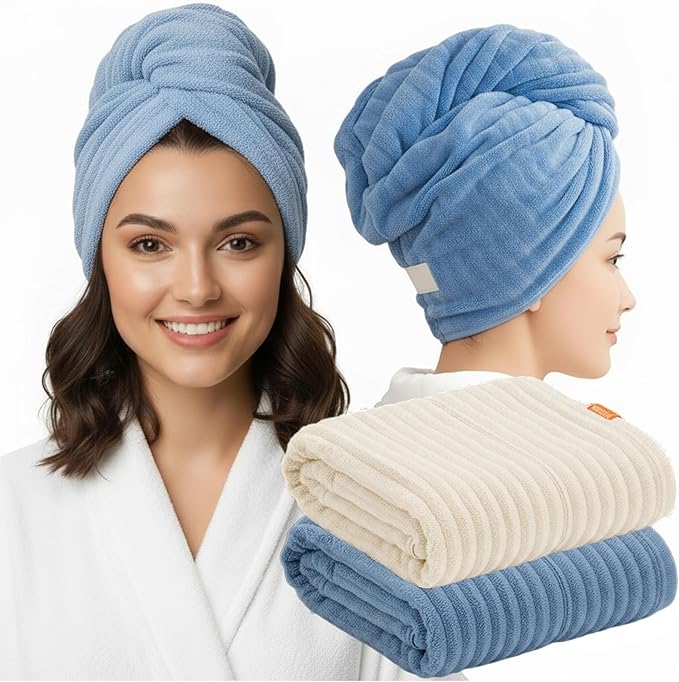 2-Pack Microfiber Hair dring Towel | 50% Faster Drying, Ultra Absorbent & Frizz Control | for Long/Curly Hair | 40 * 11" Large Size | Travel Gym Home Use(Bule,White)