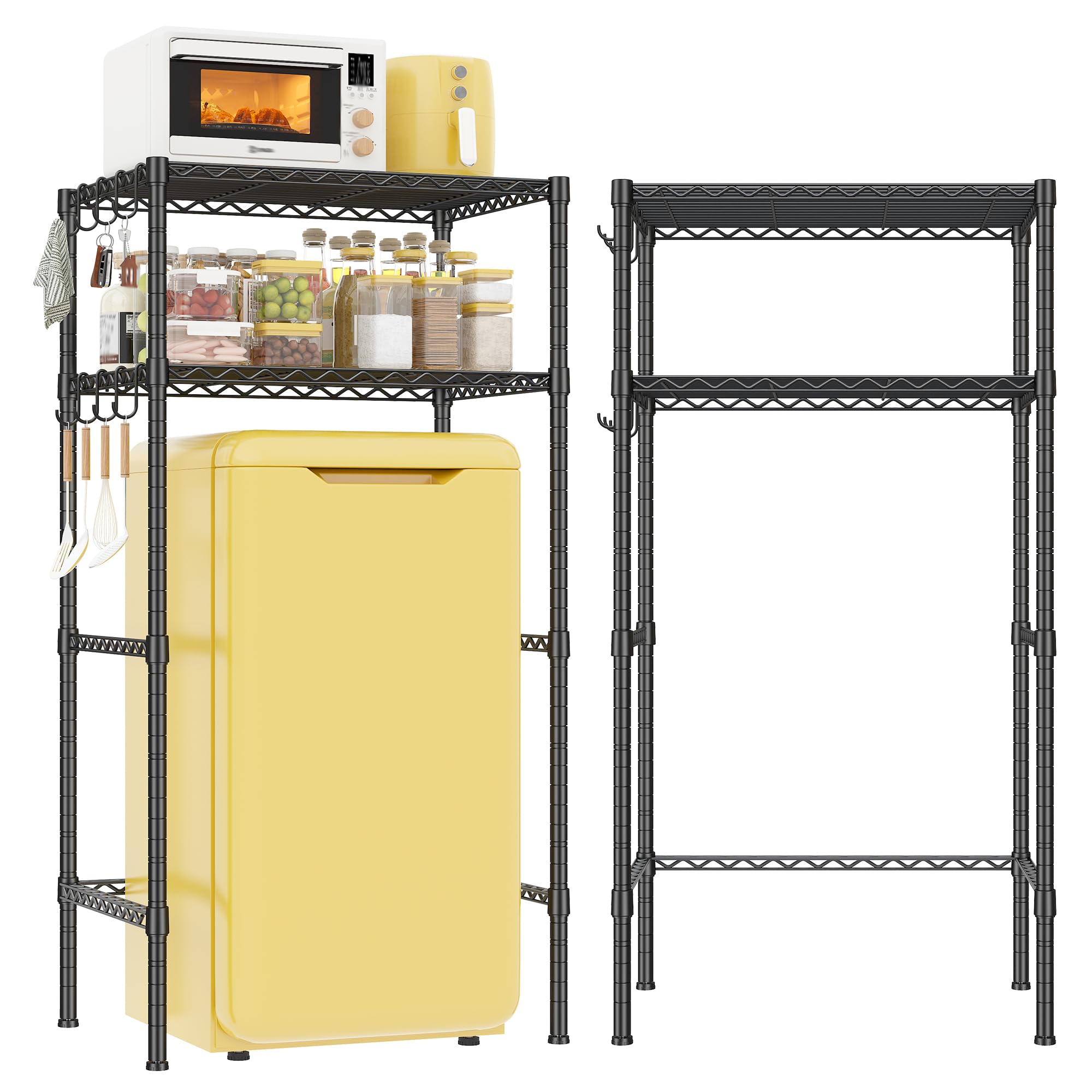 REIBII Mini Fridge Shelf with Storage, 2-Tier Adjustable Metal Shelving Unit with 8 Hooks,176 LBS Heavy Duty Organizer Rack for Dorm Room,Apartment, Kitchen and Office,52.36" H x 26.38" W x 18.1" D