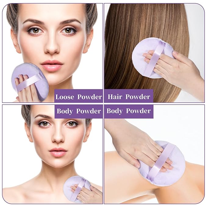3 Pcs Large Body Powder, 5 Inch Soft Velour Dusting Powder, Washable Reusable for Face Cleaning, Makeup & Loose, Bath Powders, Foundation Blending