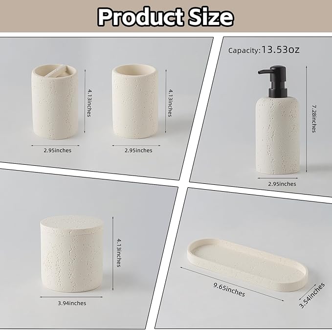 WUUAHOME Bathroom Accessories Set, Travertine Stone-Look, 6 PCS Bathroom Accessory Set with Soap Dispenser, Toothbrush Holder, Tumbler, Vanity Tray, Cotton Swab Jars for Countertop (Off White 6 PCS)