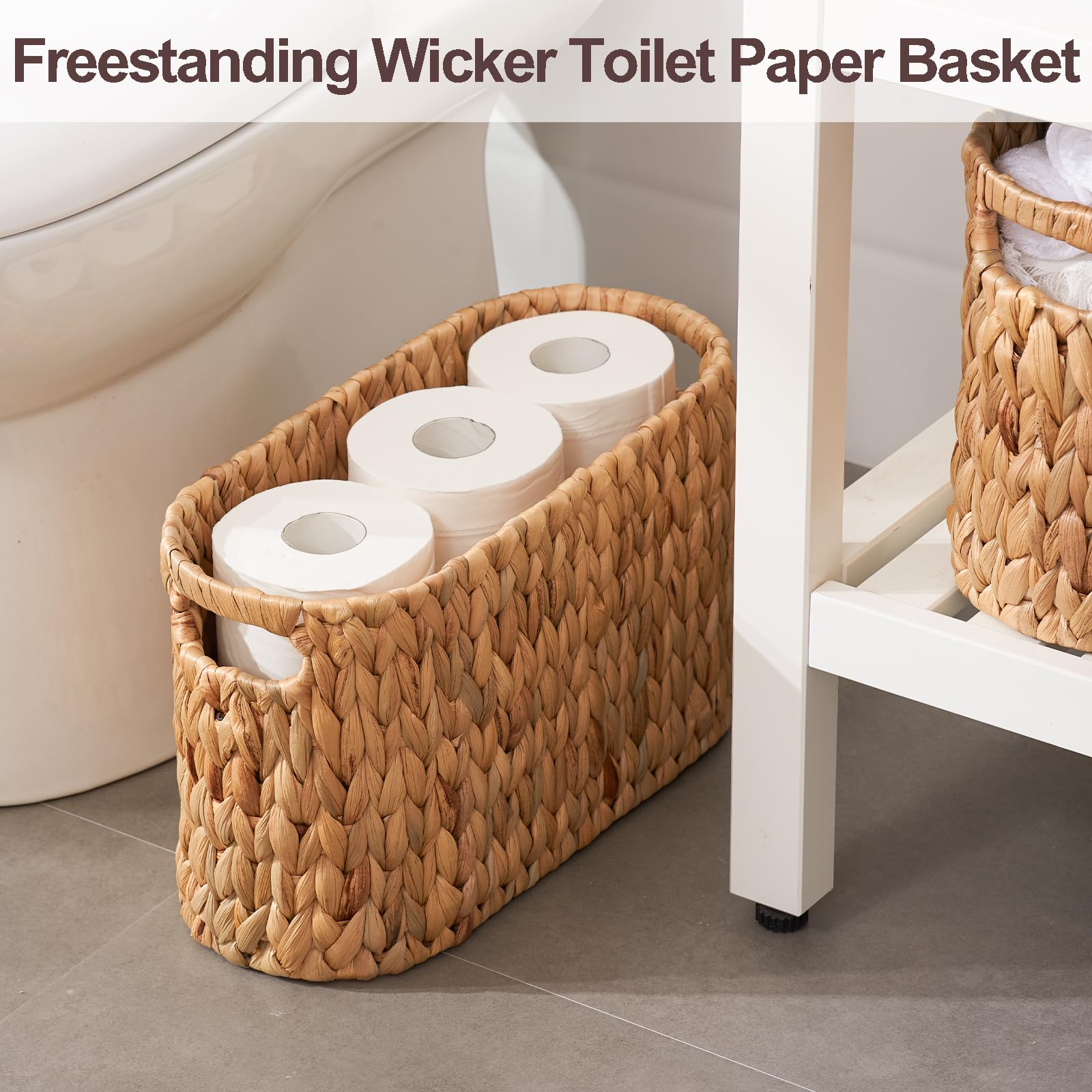 FairyHaus Wicker Toilet Paper Storage Basket with Buit-in Handles, 6 Rolls Natural Water Hyacinth Toilet Paper Holder Stand with Storage, Freestanding Handwoven Toilet Paper Holder Basket for Bathroom