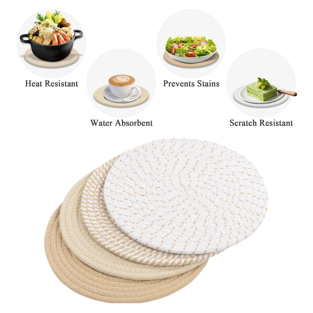 SHACOS 10 Inches Trivets for Hot Dishes, 4 Pieces Cotton Trivets Mats for Kitchen, Hot Pads for Countertops and Table, Heat-Resistant Pot Holders for Hot Pots and Pans(Khaki, 4pcs)
