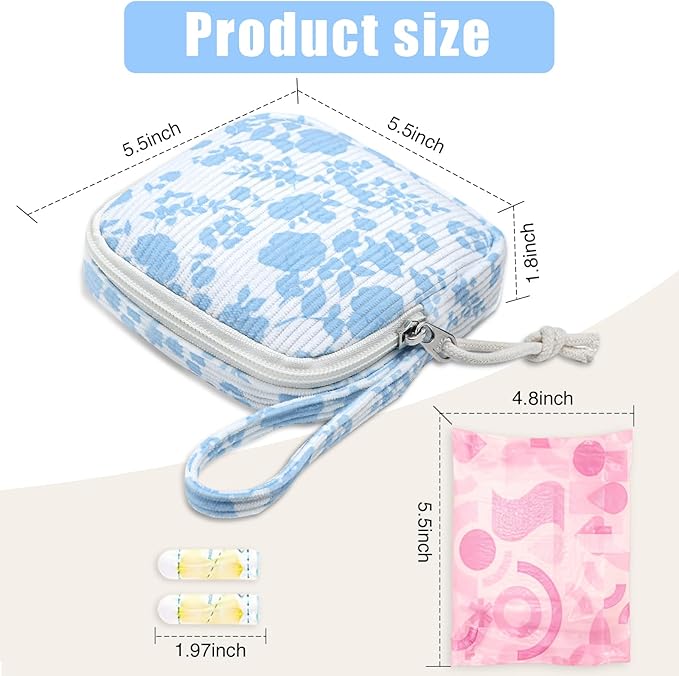 Chicarries Small Makeup Bag | Discreet Period Bag Pad Pouch for Purse| Sanitary Napkin Storage & Tampon Holder for Travel (Flower blue)