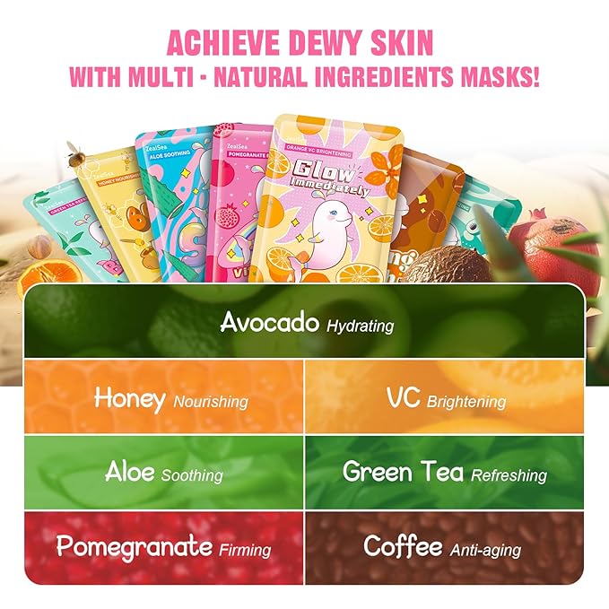 ZealSea Face Mask Skincare, 14 Pack Facial Sheet Masks, Spa Gifts for Women