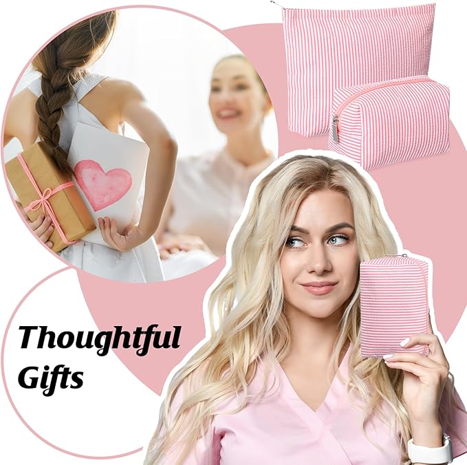 2 Pcs Makeup Bag Set Cute Cosmetic Pouch for Women Seersucker Travel Toiletry Bag Preppy Small Makeup Purse Pouch Aesthetic Skincare Brushes Storage Organizer for Valentine Women(Rose Pink)