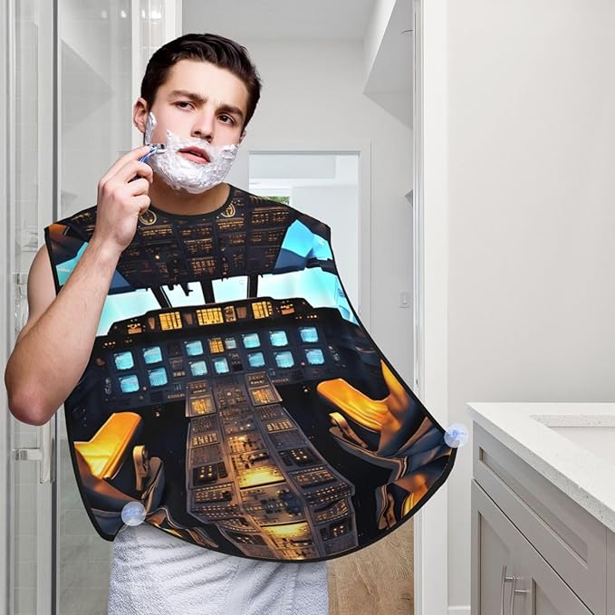 YQxwJL Airplane Cockpit Print Beard Bib Shaving Apron, Beard Hair Trimming Cape Gift For Dad