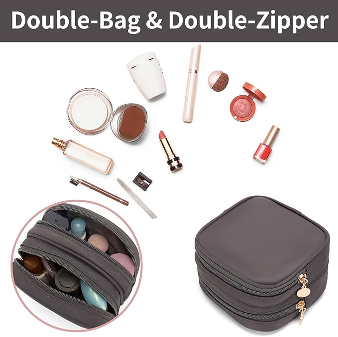 XIAOLER Small Makeup Pouch, Double Zipper Cosmetic Bag, Travel Makeup Bag, Cute Makeup Bag for Purse, Mini Toiletry Bag (Dark Grey)