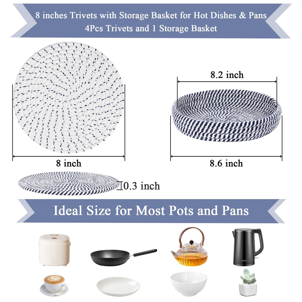 SHACOS 8 Inches Trivets for Hot Dishes, 4 Pieces Cotton Trivets Mats for Kitchen with Storage Basket, Hot Pads for Countertops and Table, Heat-Resistant Pot Holders for Hot Pots and Pans