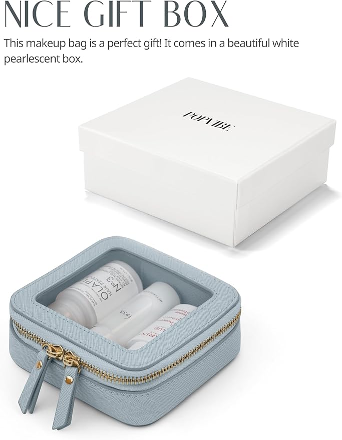 Popvibe Clear Makeup Bag Travel Cosmetic Case Transparent Toiletry Bag with Zipper, Portable Make Up Organizer Traveling Compact Car Bag for Essentials, Light Blue, Mini