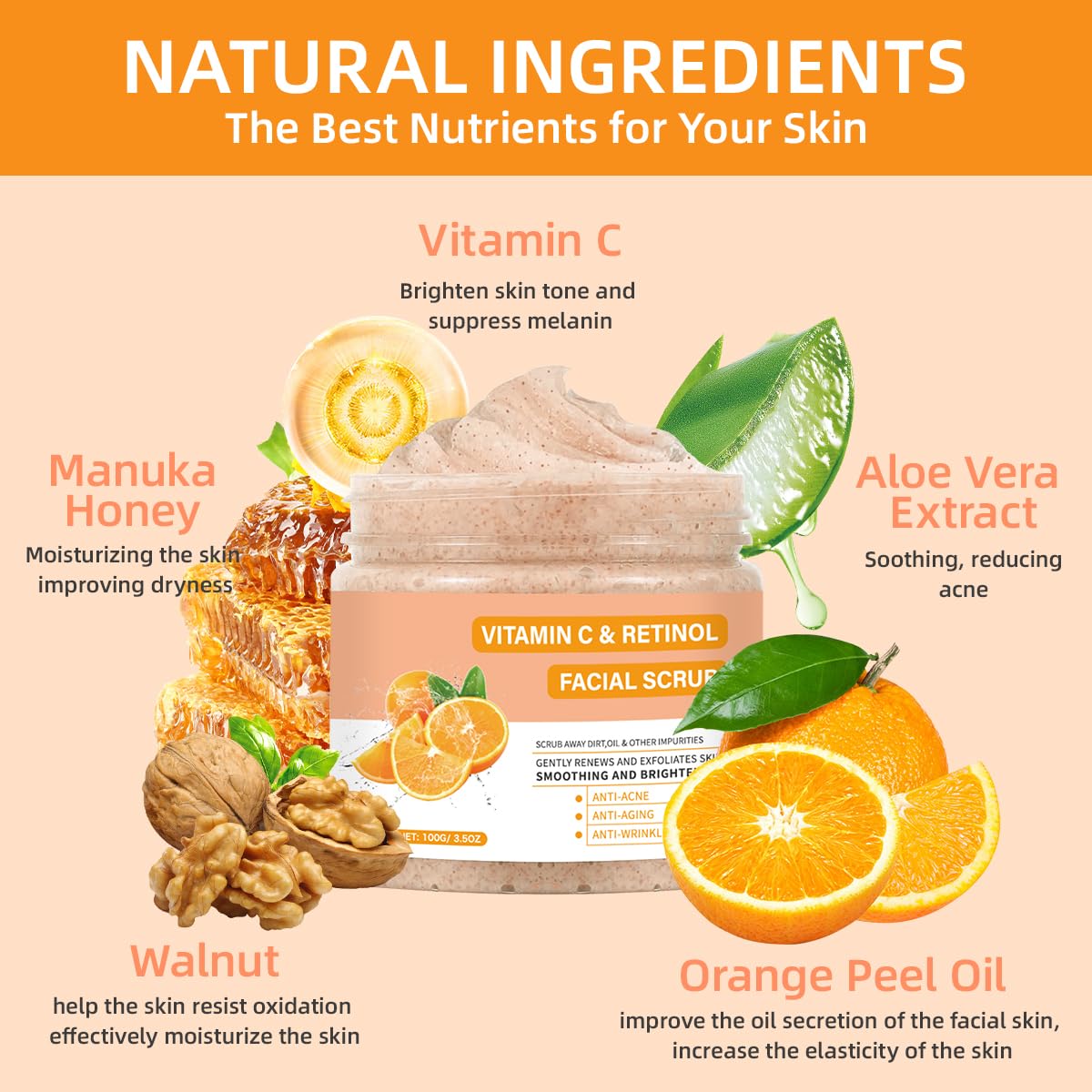 Vitamin C Face Scrub, Exfoliating Facial Wash with Retinol, Facial Scrub,Facial Exfoliating Scrub, Facial Scrubs for Women,Deep Cleansing Face Wash Cleanser for Women Men