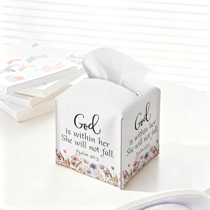 Christian Bible Verses Tissue Box Cover Square, Inspirational Quotes Waterproof Leather Tissue Box Holder, Flowers Paper Facial Tissue Box Covers Cube for Office Bathroom Home Prayer Room Decor
