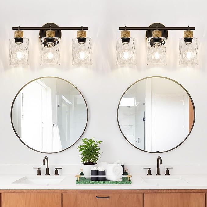Bathroom Light Fixtures, 3-Light Coastal Vanity Lights with Crystal Glass Shade, Oil-Rubbed Bronze Bathroom Wall Lamp for Mirror Kitchen Hallway Cabinet