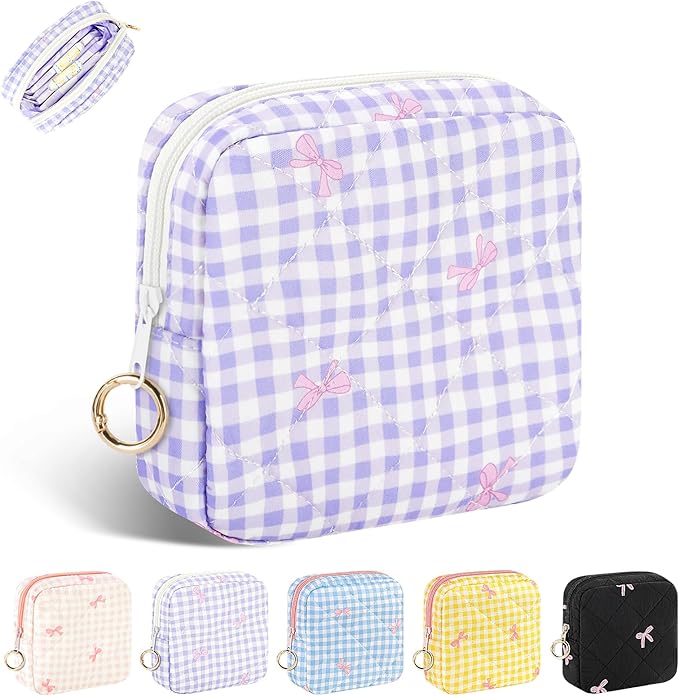 Playexen Period Bag for Teen Girls, Quilted Sanitary Napkin Storage Bag, Cute Bow Tie Menstrual Pad Pouch Tampon Holder (Plaid-Purple)