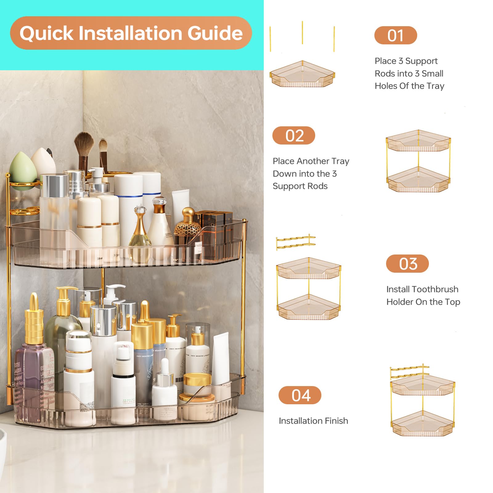 ZZWILLB Corner Bathroom Counter Organizer with Makeup Brush Holder & Toothbrush Holders, Makeup Organizer for Vanity Countertop, Acrylic Skincare Storage Shelf (Amber, 2-Tier)