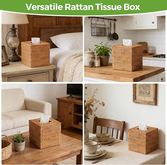 Natural Rattan Tissue Box Cover, Hand Woven Square Wicker Holder for Facial Tissues, Wicker Napkin Holder Ideal for Bathroom Living Room, Tissue Holders Decorative for Kitchen Office and Desk