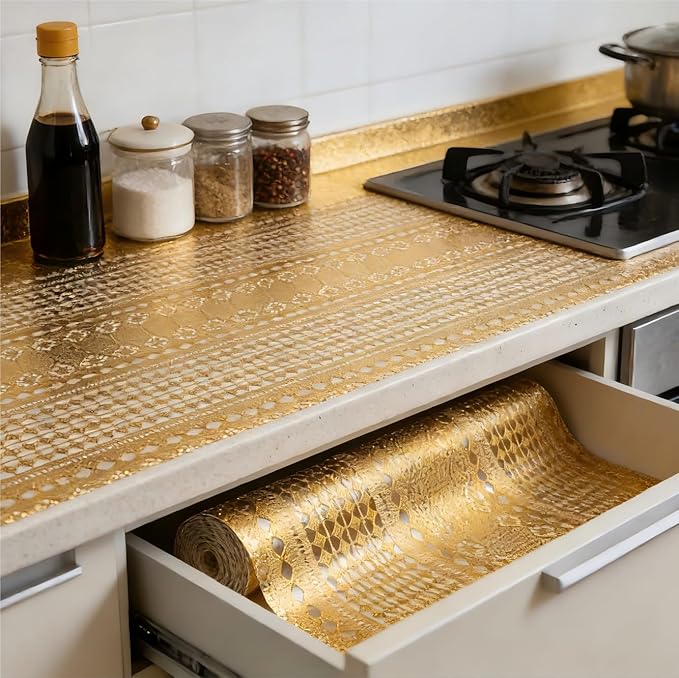 Shelf and Drawer Liner for Kitchen Cabinet,Non-Adhesive Waterproof Oil-Proof Easy Clean Shelf Liner for Dresser & Bathroom Vanities with Adhesive Dots & Cutting Tool(17 in X 20 Ft Gold Lace)