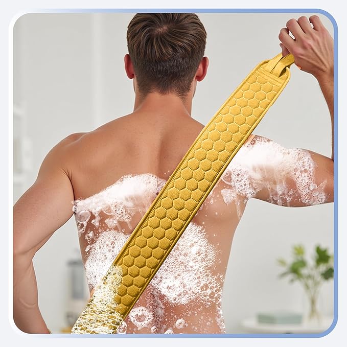 XNXA Back Scrubber for Shower with Handles, 40 Inch Extra Long Double-Sided Exfoliating Bath Strap, Textured Body Washer with Extended Reach for Deep Cleaning (Yellow)