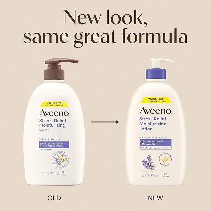 Aveeno Stress Relief Moisturizing Body Lotion, Lavender Scent with Prebiotic Oat for Sensitive Skin, Lightly Scented Lotion with 48-Hour Hydration, Fast Absorbing, Non-Greasy, Value Size 33 Fl Oz
