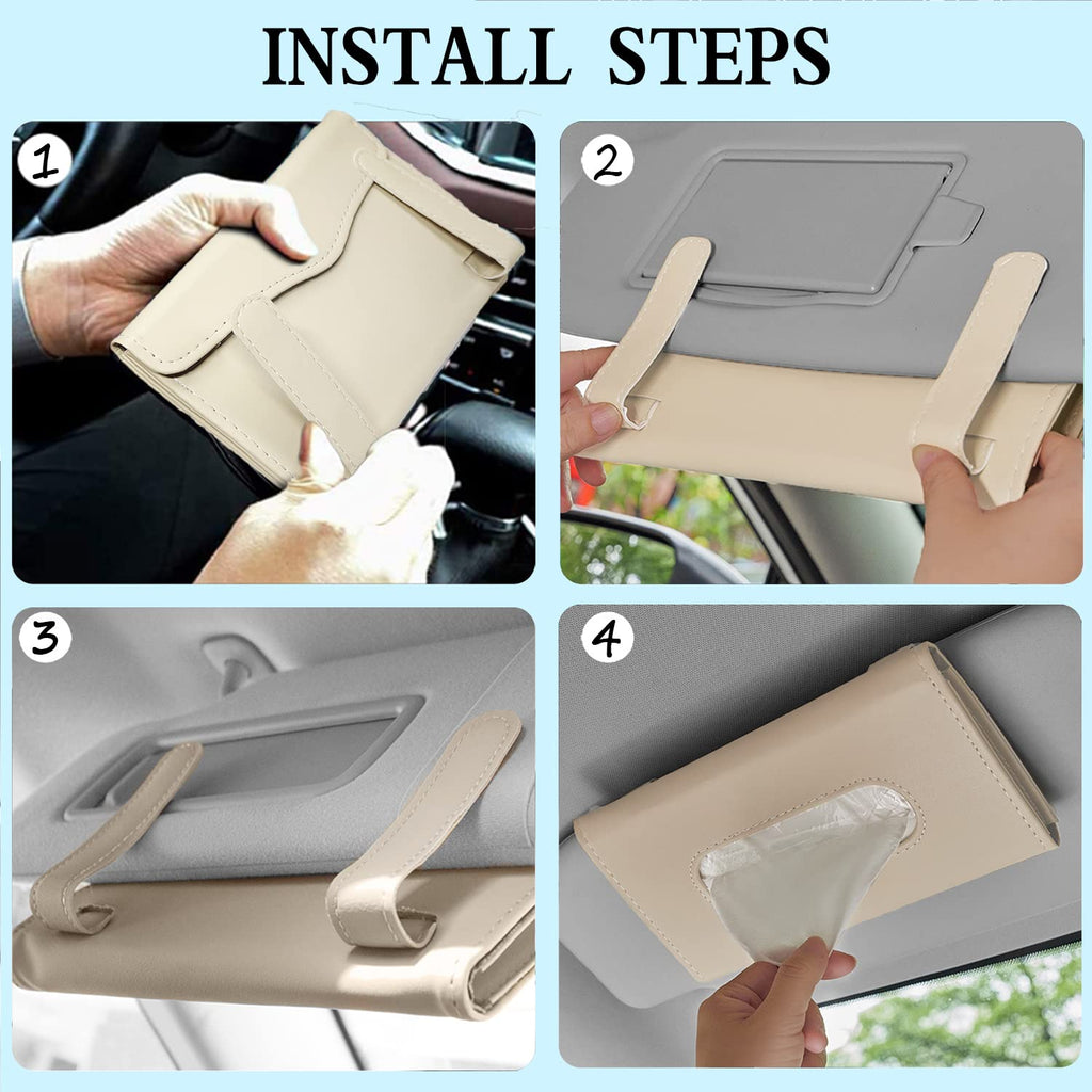 Langmeil Car Tissue Holder, 2 Pack Sun Visor Napkin Holder, Premium PU Leather, Car Mask Holder for Sun Visor Vehicle, with Tissue Refill, Black&Beige