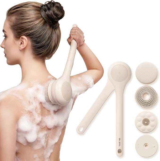 Oh,XIYU. Electric Body Brush Back Scrubber for Shower, Waterproof Long Dual Handle Body Scrubber with 3 Heads, Bath Brush & 2 Speeds, for Cleansing, Exfoliating and Massaging Skin, Chrysanth Pink
