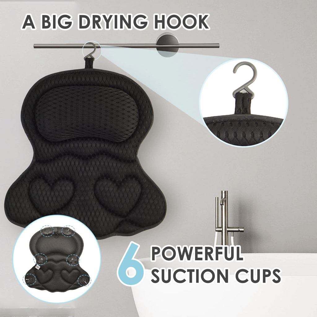 Bath Pillows for Tub Luxury, Bath Pillow for Head and Neck, Fit Bathtub Hot Tub Relaxing Gifts for Women, Comfort 4D Air Mesh Fabric & 6 Non-Slip Suction Cups, Black