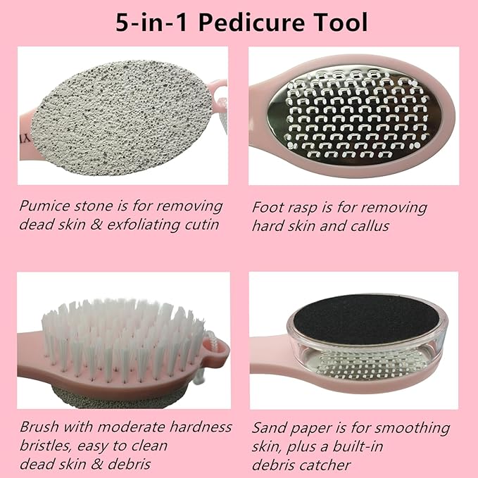 YIOYOODA Foot File Callus Remover 5-in-1, 2 Pcs Feet Scraper Pedicure Tools with Pumice Stone, Scrubber Brush, Stainless Steel Foot Rasp and Sand Paper Debris Catcher, Multi Purpose, Pink