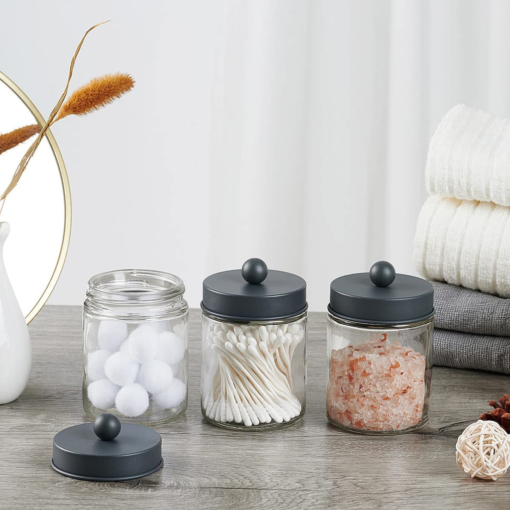 Amolliar Apothecary Jar Bathroom Storage Qtip Holder Glass, Grey 2Pack