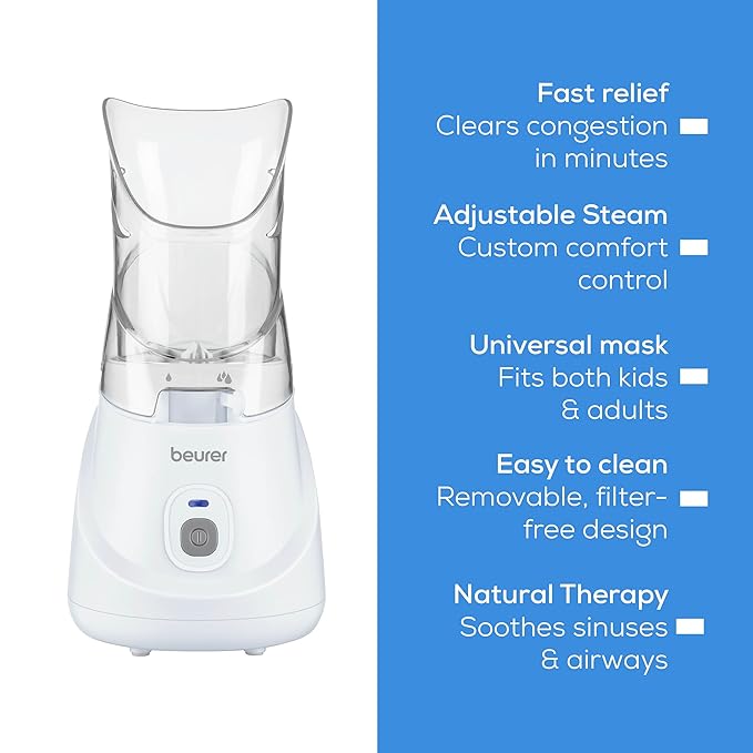 Beurer SI31 Steam Inhaler for Drug-Free Cough & Cold Sinus Relief, Naturally Soothes Nasal & Throat Passages, with Universal Mask & Variable Steam Control, FSA/HSA Eligible