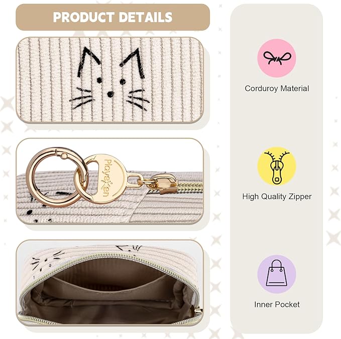 Period Bag for Teen Girls, Corduroy Cute Cats Sanitary Napkin Storage Bag, Menstrual Pad Pouches Tampon Holder for Purse (Beige-Cats)
