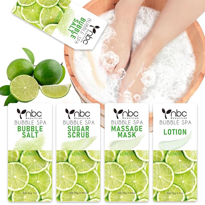 nbc BeautiLab Pedicure Kit Foot Soak Set: Bubble Salt, Sugar Scrub, Massage Mask, Massage Lotion in a Box, 4 Step Foot Spa Kit for Dry Feet,Tired Feet（1 Set Lemon)