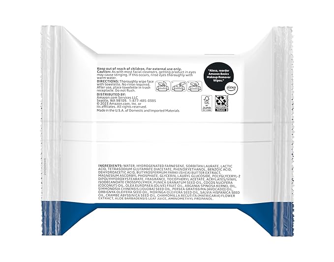 Amazon Basics Makeup Remover Wipes, Gentle Facial Cleansing, Dermatologist Tested, Original, Plant-Based, Alcohol-Free, Removes Waterproof Mascara, 25 Count, 1-Pack