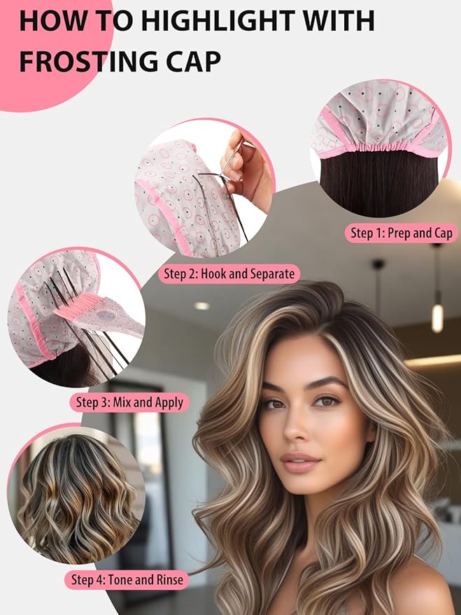 YOOVR 19PCS Hair Bleach Highlighting Kit with Hair Dye Brush and Bowl Set Color Whisk, Highlight Frosting Cap with Hook, Gloves Capes, Home Use Salon Tools for Hair Bleaching Coloring Dying (Pink)