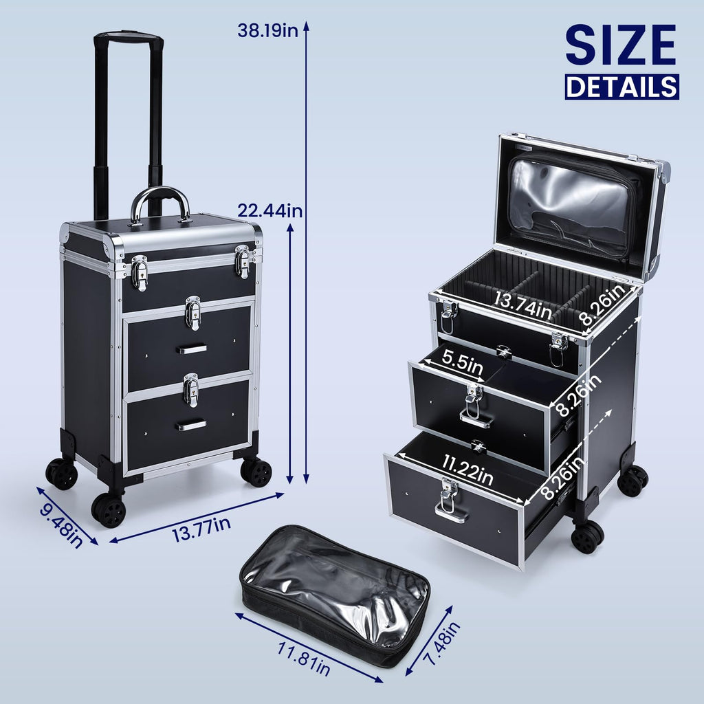 Adazzo Professional Rolling Makeup Train Case with Drawers, Large Cosmetic Trolley with Locks, Cosmetics Storage Organizer Make up Case for Travel Makeup/Nail Art/Hair Styling, Matte Black